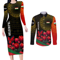 Tajikistan Couples Matching Long Sleeve Bodycon Dress and Long Sleeve Button Shirt Tulip with Red Floral Butterfly with Black Gold Folk Pattern