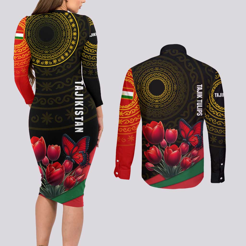 Tajikistan Couples Matching Long Sleeve Bodycon Dress and Long Sleeve Button Shirt Tulip with Red Floral Butterfly with Black Gold Folk Pattern