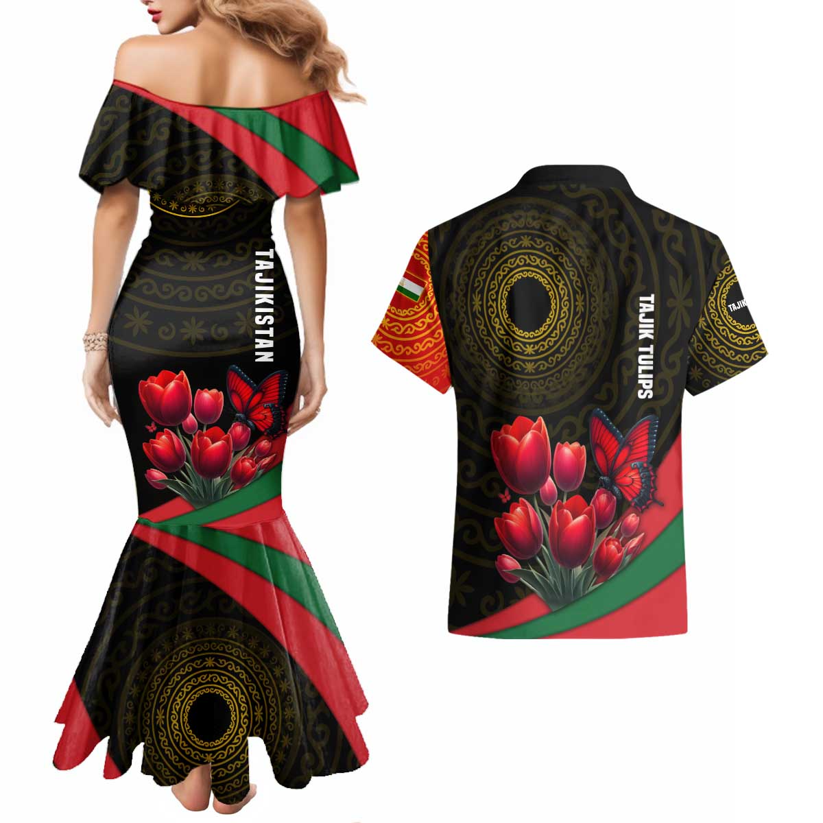 Tajikistan Couples Matching Mermaid Dress and Hawaiian Shirt Tulip with Red Floral Butterfly with Black Gold Folk Pattern