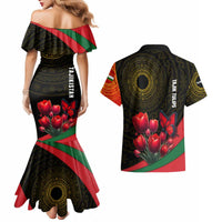 Tajikistan Couples Matching Mermaid Dress and Hawaiian Shirt Tulip with Red Floral Butterfly with Black Gold Folk Pattern