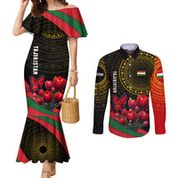Tajikistan Couples Matching Mermaid Dress and Long Sleeve Button Shirt Tulip with Red Floral Butterfly with Black Gold Folk Pattern