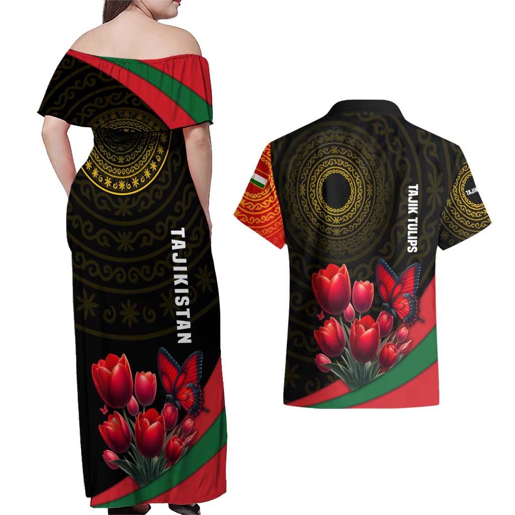Tajikistan Couples Matching Off Shoulder Maxi Dress and Hawaiian Shirt Tulip with Red Floral Butterfly with Black Gold Folk Pattern