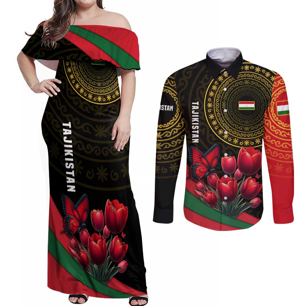 Tajikistan Couples Matching Off Shoulder Maxi Dress and Long Sleeve Button Shirt Tulip with Red Floral Butterfly with Black Gold Folk Pattern