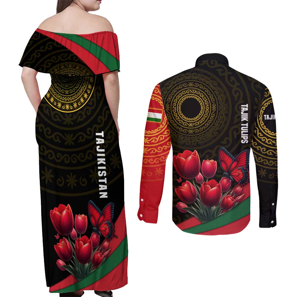 Tajikistan Couples Matching Off Shoulder Maxi Dress and Long Sleeve Button Shirt Tulip with Red Floral Butterfly with Black Gold Folk Pattern