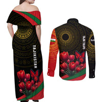 Tajikistan Couples Matching Off Shoulder Maxi Dress and Long Sleeve Button Shirt Tulip with Red Floral Butterfly with Black Gold Folk Pattern