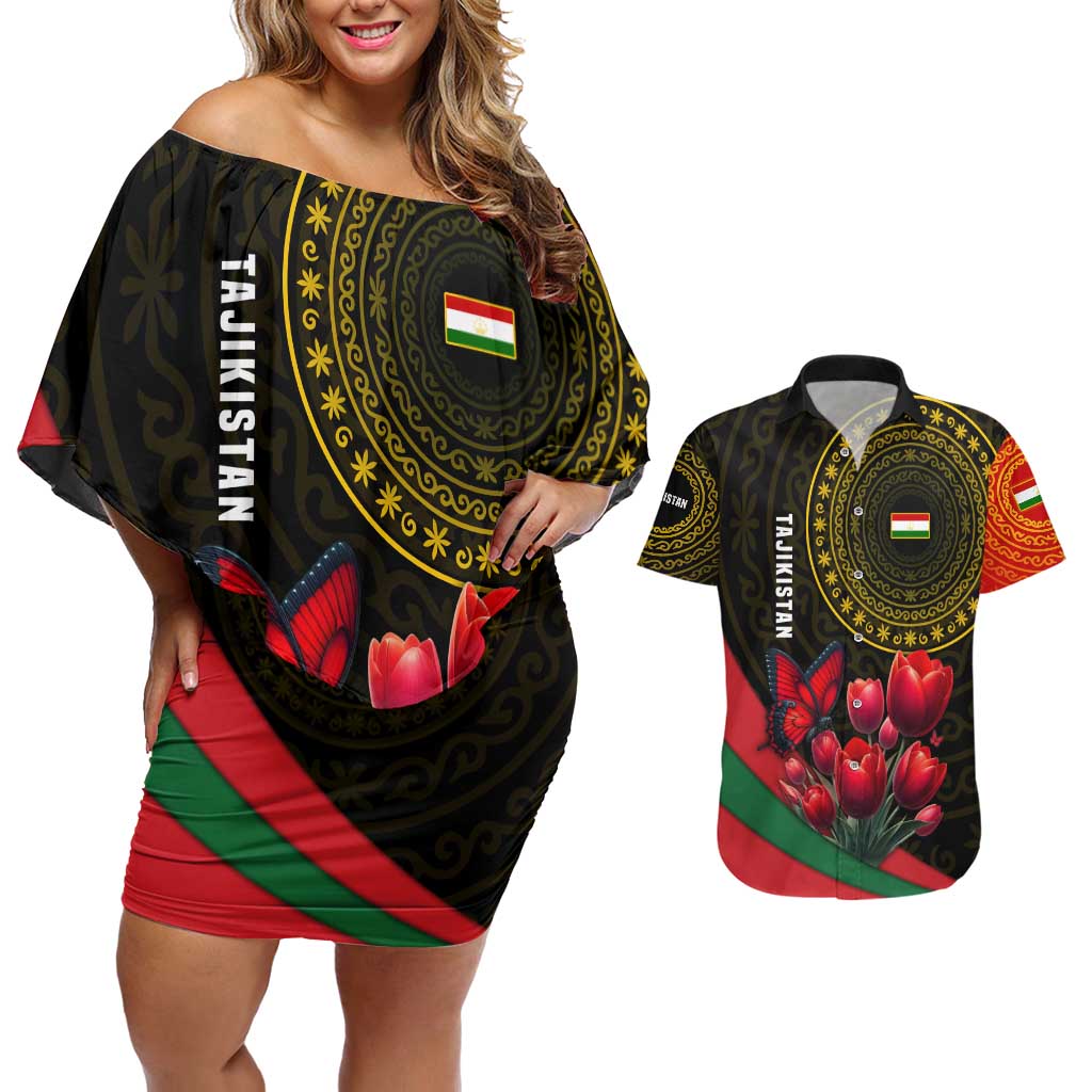 Tajikistan Couples Matching Off Shoulder Short Dress and Hawaiian Shirt Tulip with Red Floral Butterfly with Black Gold Folk Pattern