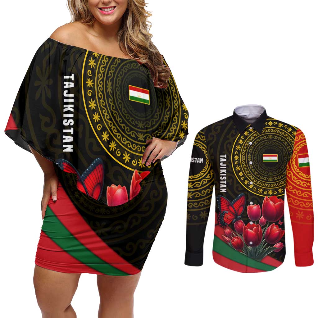 Tajikistan Couples Matching Off Shoulder Short Dress and Long Sleeve Button Shirt Tulip with Red Floral Butterfly with Black Gold Folk Pattern
