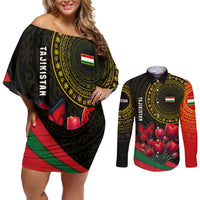 Tajikistan Couples Matching Off Shoulder Short Dress and Long Sleeve Button Shirt Tulip with Red Floral Butterfly with Black Gold Folk Pattern