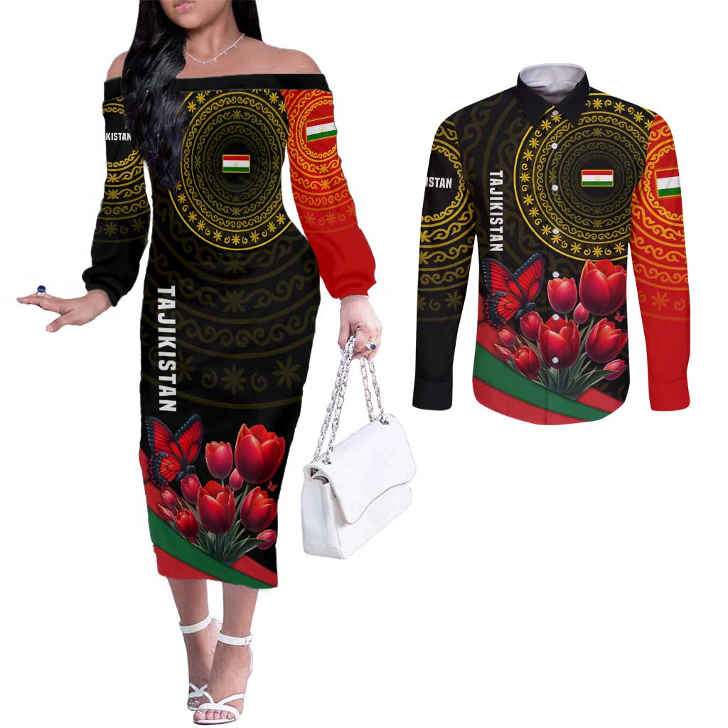 Tajikistan Couples Matching Off The Shoulder Long Sleeve Dress and Long Sleeve Button Shirt Tulip with Red Floral Butterfly with Black Gold Folk Pattern