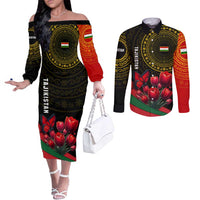 Tajikistan Couples Matching Off The Shoulder Long Sleeve Dress and Long Sleeve Button Shirt Tulip with Red Floral Butterfly with Black Gold Folk Pattern
