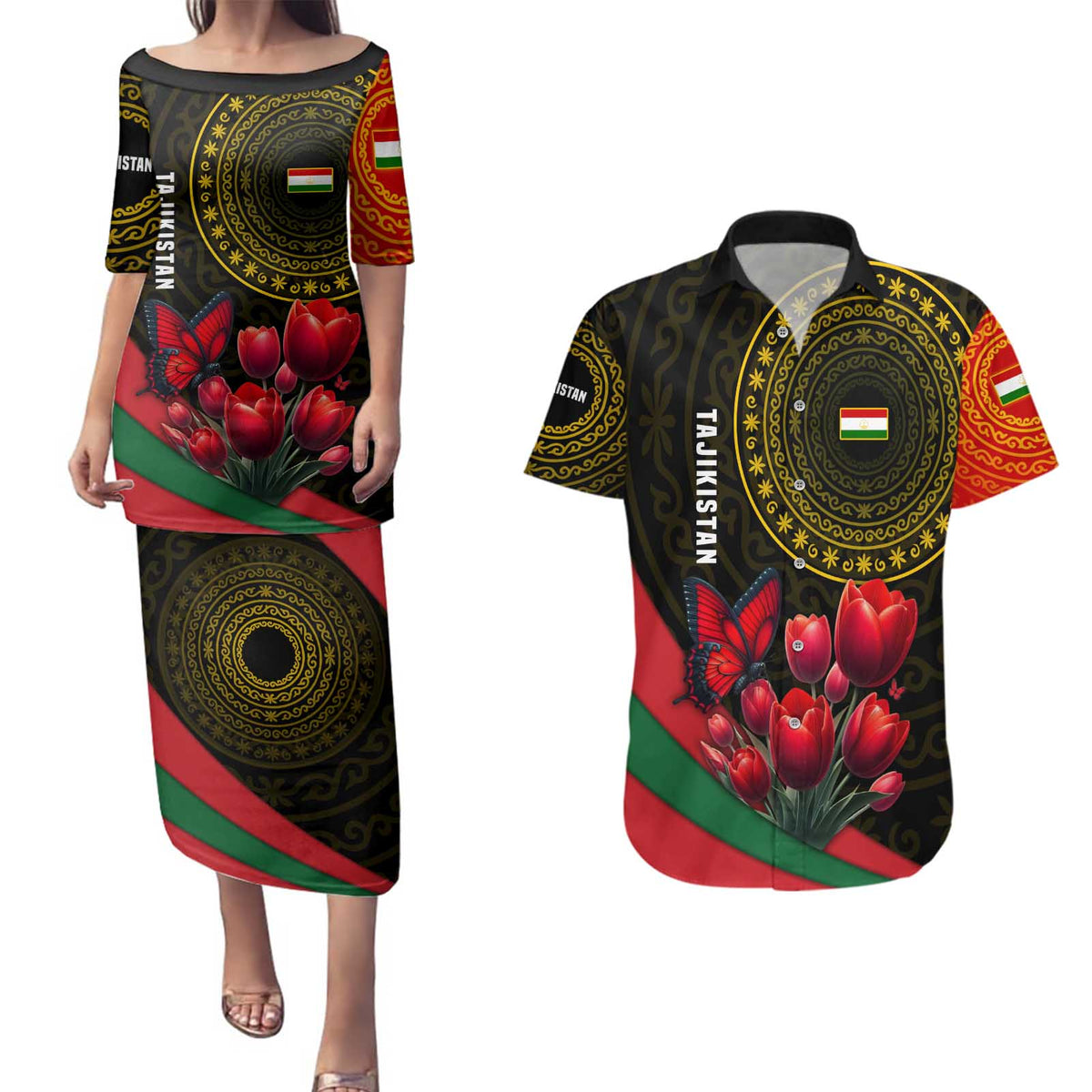 Tajikistan Couples Matching Puletasi and Hawaiian Shirt Tulip with Red Floral Butterfly with Black Gold Folk Pattern