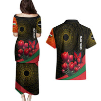Tajikistan Couples Matching Puletasi and Hawaiian Shirt Tulip with Red Floral Butterfly with Black Gold Folk Pattern