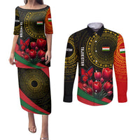 Tajikistan Couples Matching Puletasi and Long Sleeve Button Shirt Tulip with Red Floral Butterfly with Black Gold Folk Pattern