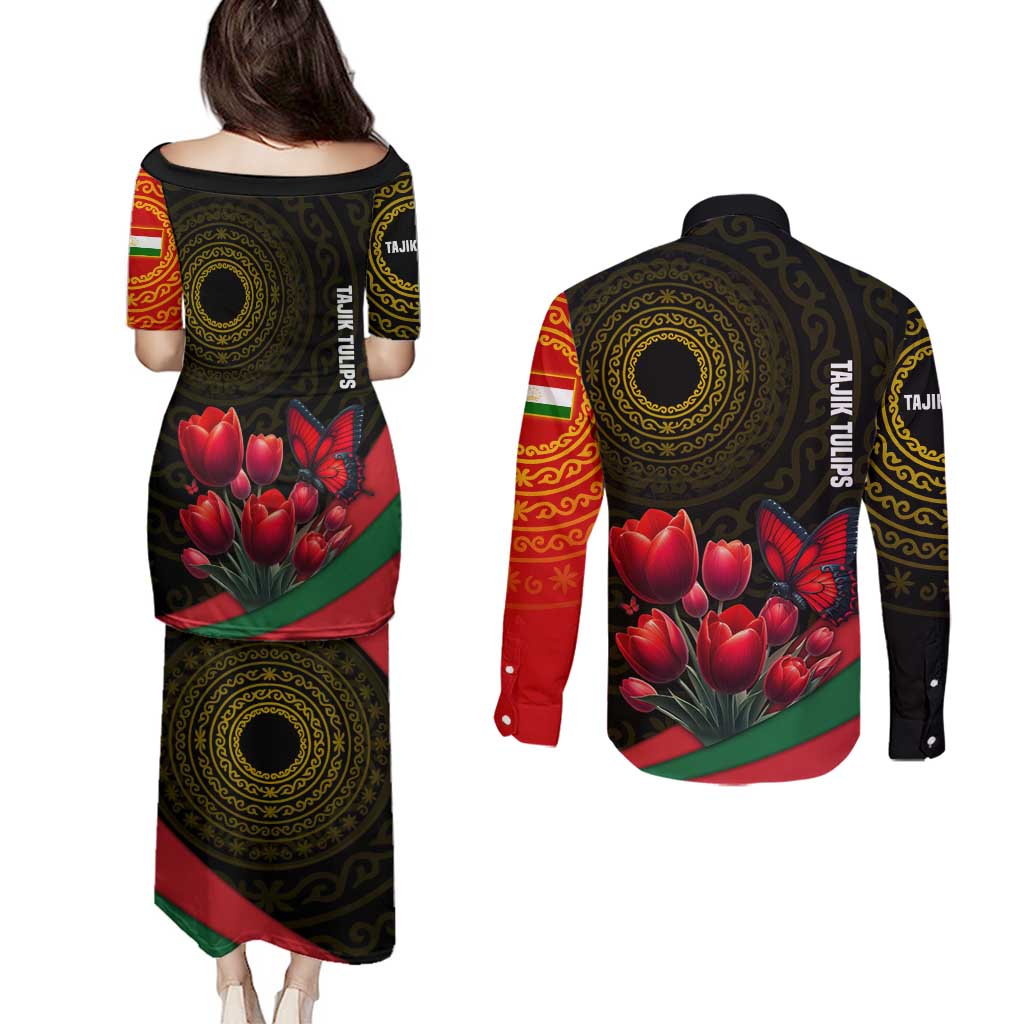Tajikistan Couples Matching Puletasi and Long Sleeve Button Shirt Tulip with Red Floral Butterfly with Black Gold Folk Pattern