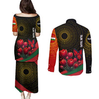 Tajikistan Couples Matching Puletasi and Long Sleeve Button Shirt Tulip with Red Floral Butterfly with Black Gold Folk Pattern