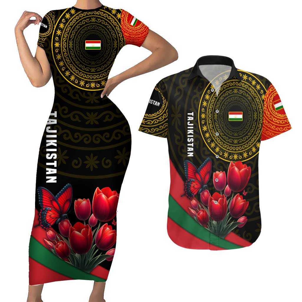 Tajikistan Couples Matching Short Sleeve Bodycon Dress and Hawaiian Shirt Tulip with Red Floral Butterfly with Black Gold Folk Pattern