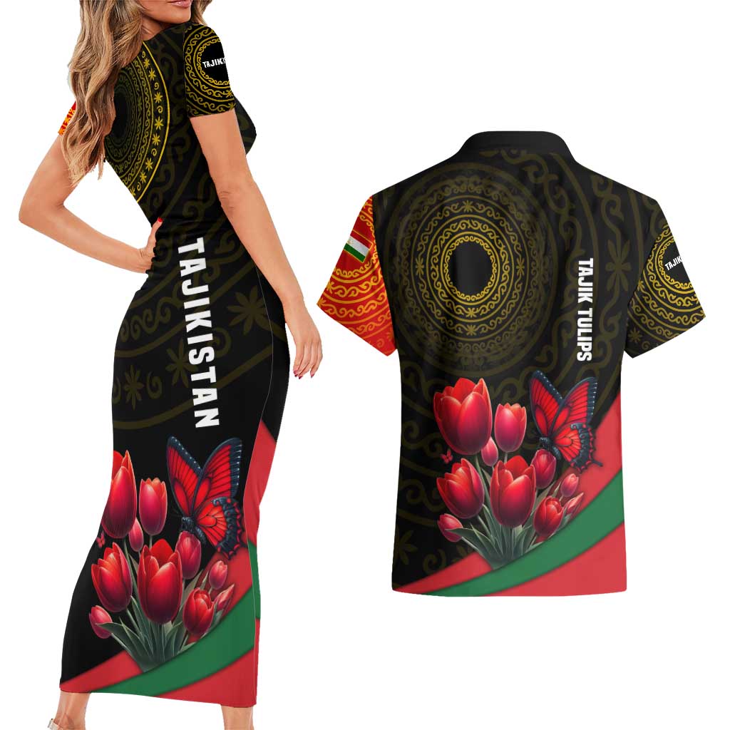 Tajikistan Couples Matching Short Sleeve Bodycon Dress and Hawaiian Shirt Tulip with Red Floral Butterfly with Black Gold Folk Pattern