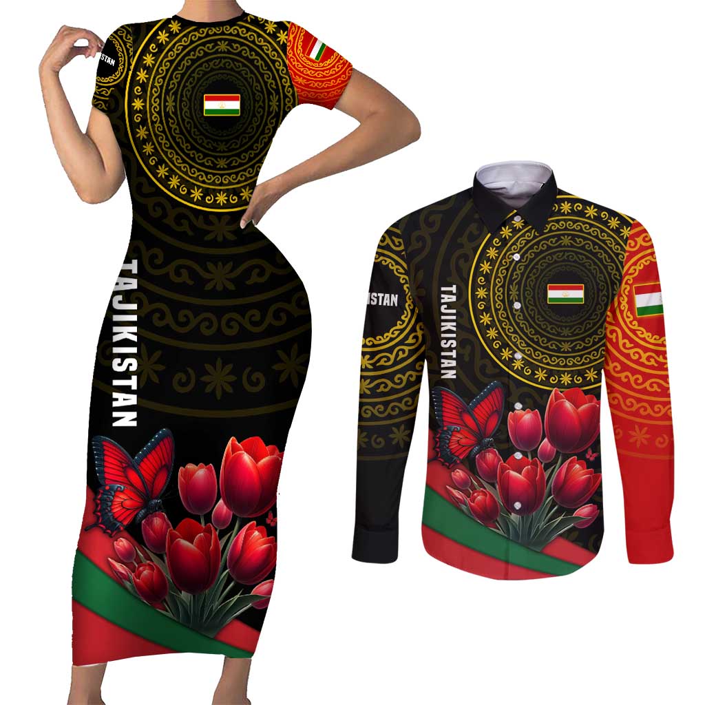Tajikistan Couples Matching Short Sleeve Bodycon Dress and Long Sleeve Button Shirt Tulip with Red Floral Butterfly with Black Gold Folk Pattern