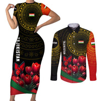 Tajikistan Couples Matching Short Sleeve Bodycon Dress and Long Sleeve Button Shirt Tulip with Red Floral Butterfly with Black Gold Folk Pattern