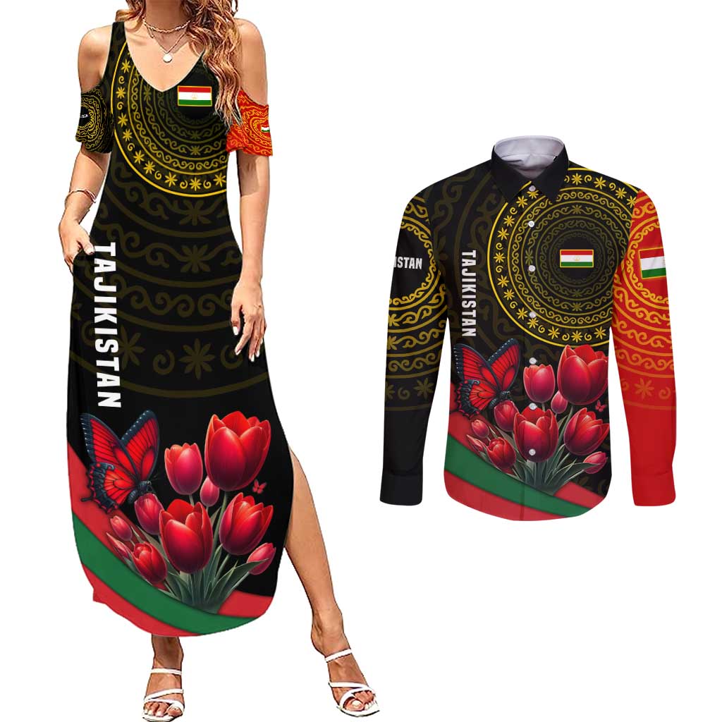 Tajikistan Couples Matching Summer Maxi Dress and Long Sleeve Button Shirt Tulip with Red Floral Butterfly with Black Gold Folk Pattern