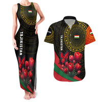 Tajikistan Couples Matching Tank Maxi Dress and Hawaiian Shirt Tulip with Red Floral Butterfly with Black Gold Folk Pattern