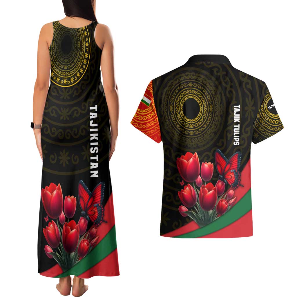 Tajikistan Couples Matching Tank Maxi Dress and Hawaiian Shirt Tulip with Red Floral Butterfly with Black Gold Folk Pattern