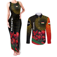 Tajikistan Couples Matching Tank Maxi Dress and Long Sleeve Button Shirt Tulip with Red Floral Butterfly with Black Gold Folk Pattern