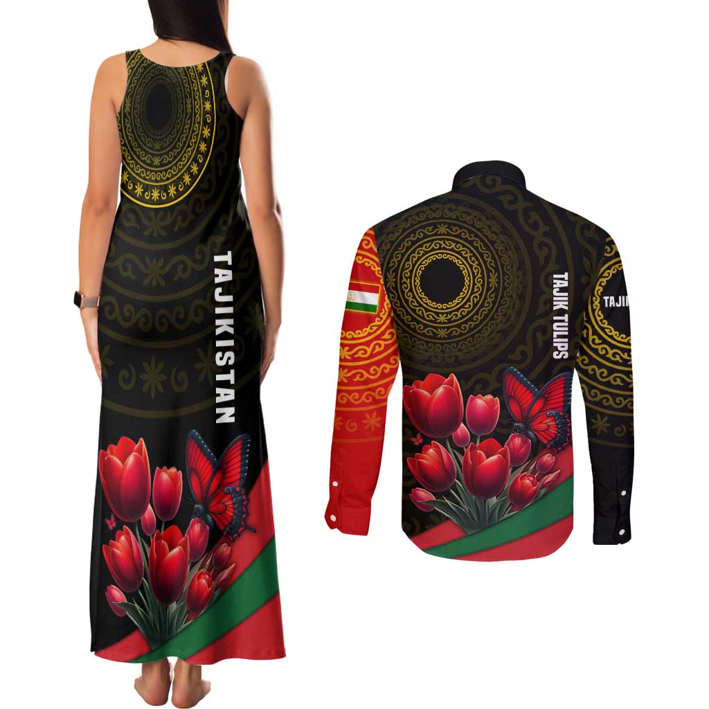 Tajikistan Couples Matching Tank Maxi Dress and Long Sleeve Button Shirt Tulip with Red Floral Butterfly with Black Gold Folk Pattern