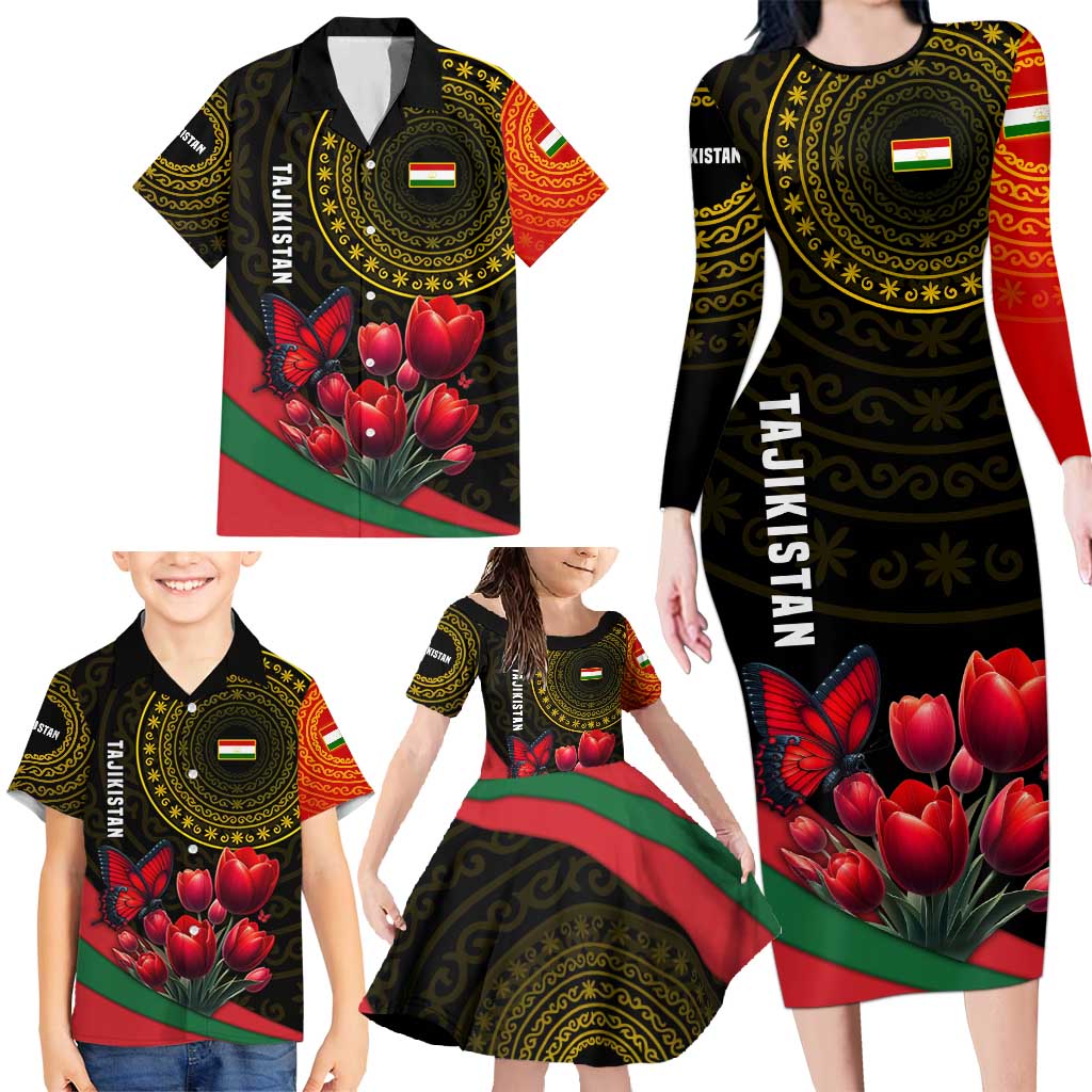 Tajikistan Family Matching Long Sleeve Bodycon Dress and Hawaiian Shirt Tulip with Red Floral Butterfly with Black Gold Folk Pattern