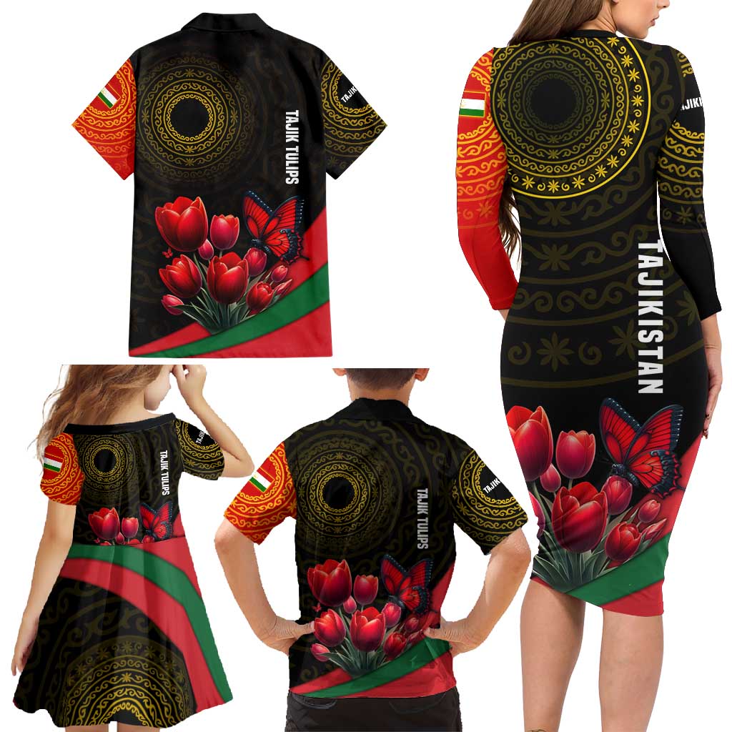 Tajikistan Family Matching Long Sleeve Bodycon Dress and Hawaiian Shirt Tulip with Red Floral Butterfly with Black Gold Folk Pattern