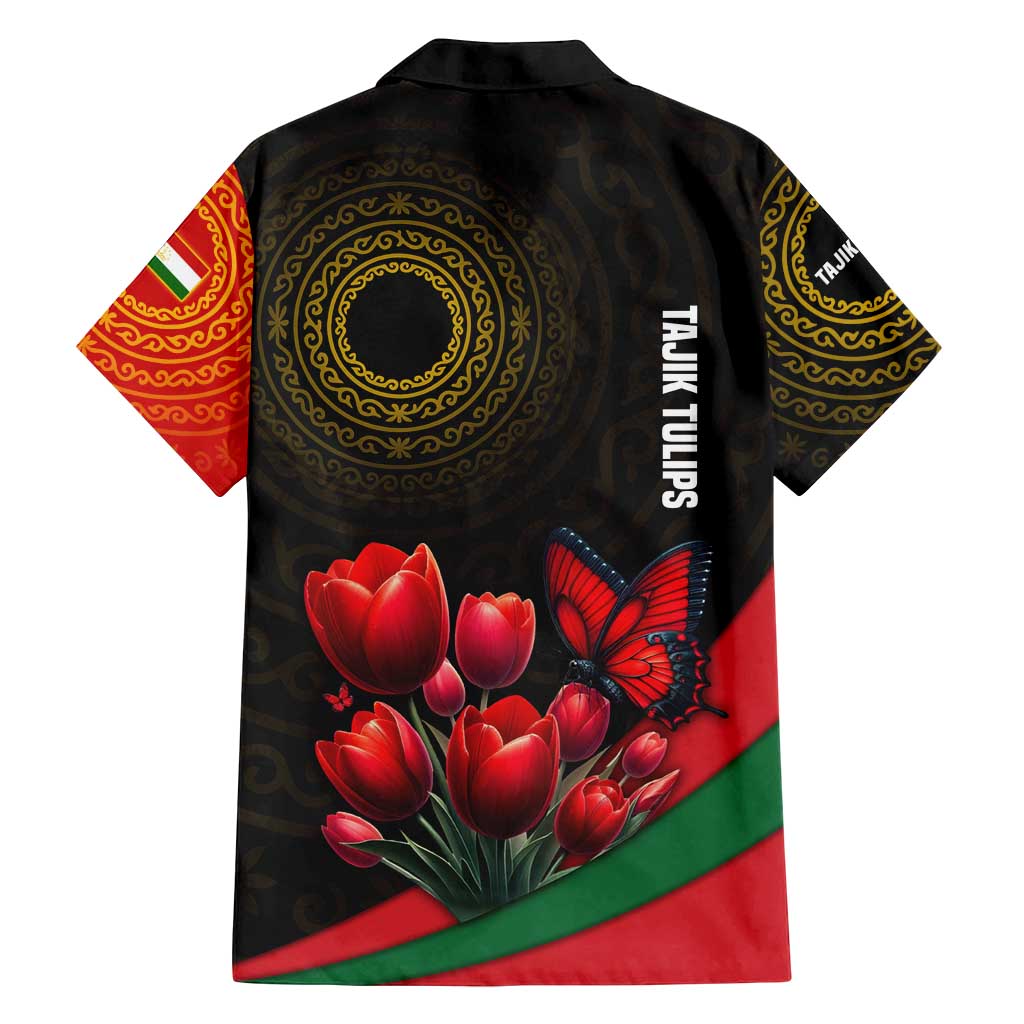 Tajikistan Family Matching Long Sleeve Bodycon Dress and Hawaiian Shirt Tulip with Red Floral Butterfly with Black Gold Folk Pattern