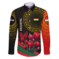 Tajikistan Family Matching Long Sleeve Bodycon Dress and Hawaiian Shirt Tulip with Red Floral Butterfly with Black Gold Folk Pattern