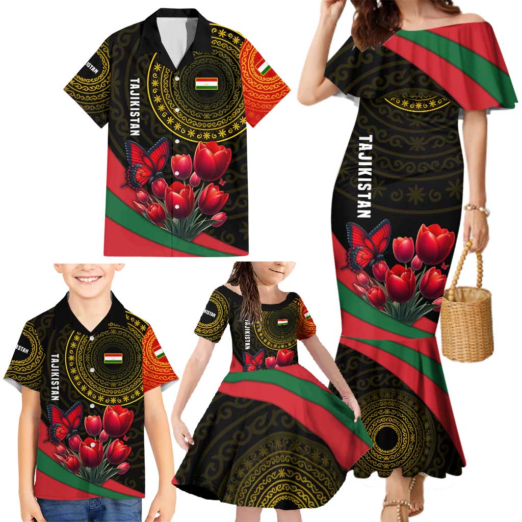 Tajikistan Family Matching Mermaid Dress and Hawaiian Shirt Tulip with Red Floral Butterfly with Black Gold Folk Pattern