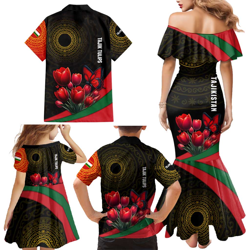Tajikistan Family Matching Mermaid Dress and Hawaiian Shirt Tulip with Red Floral Butterfly with Black Gold Folk Pattern