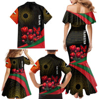 Tajikistan Family Matching Mermaid Dress and Hawaiian Shirt Tulip with Red Floral Butterfly with Black Gold Folk Pattern
