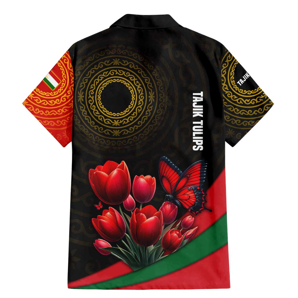 Tajikistan Family Matching Mermaid Dress and Hawaiian Shirt Tulip with Red Floral Butterfly with Black Gold Folk Pattern