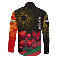 Tajikistan Family Matching Mermaid Dress and Hawaiian Shirt Tulip with Red Floral Butterfly with Black Gold Folk Pattern