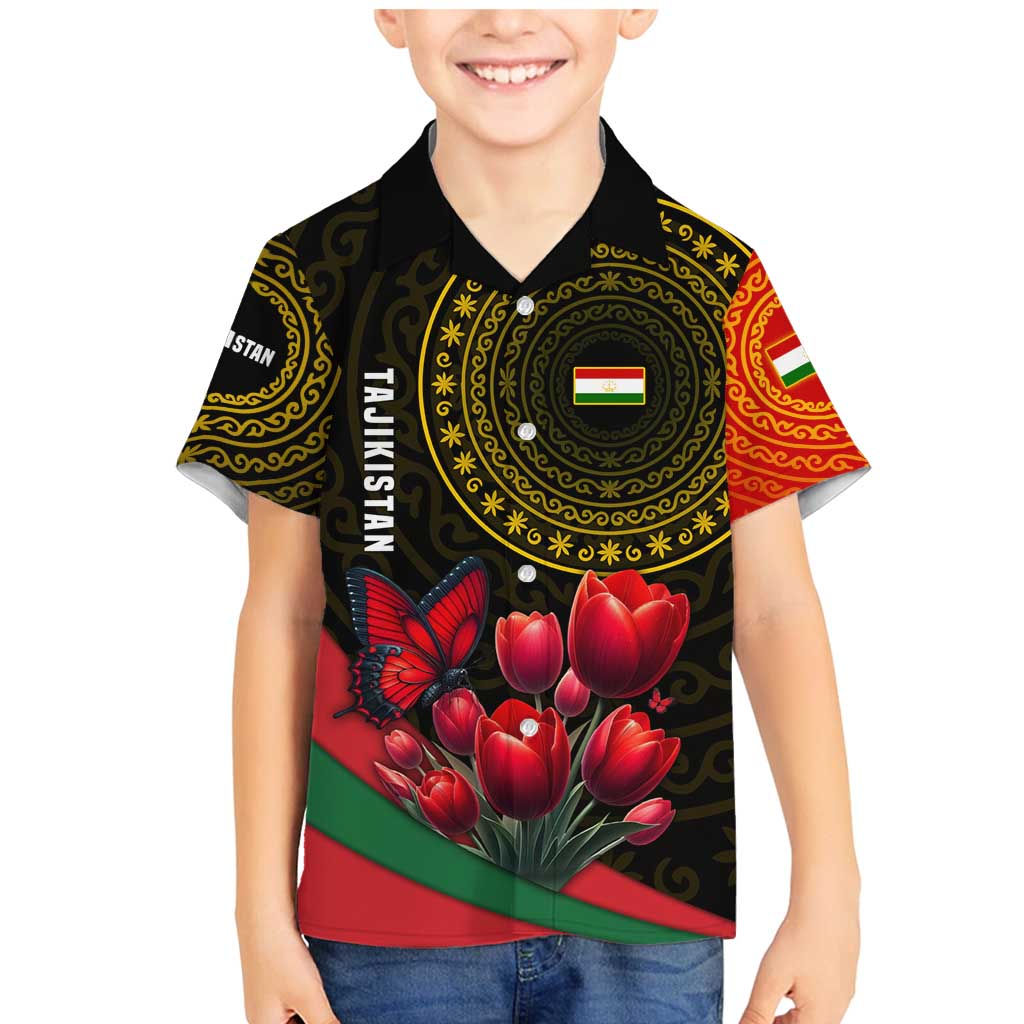 Tajikistan Family Matching Mermaid Dress and Hawaiian Shirt Tulip with Red Floral Butterfly with Black Gold Folk Pattern