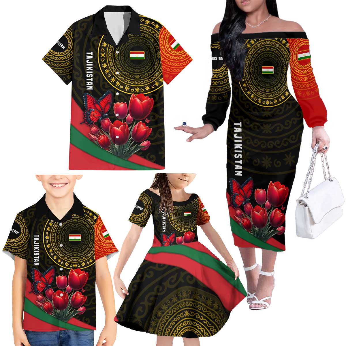 Tajikistan Family Matching Off The Shoulder Long Sleeve Dress and Hawaiian Shirt Tulip with Red Floral Butterfly with Black Gold Folk Pattern