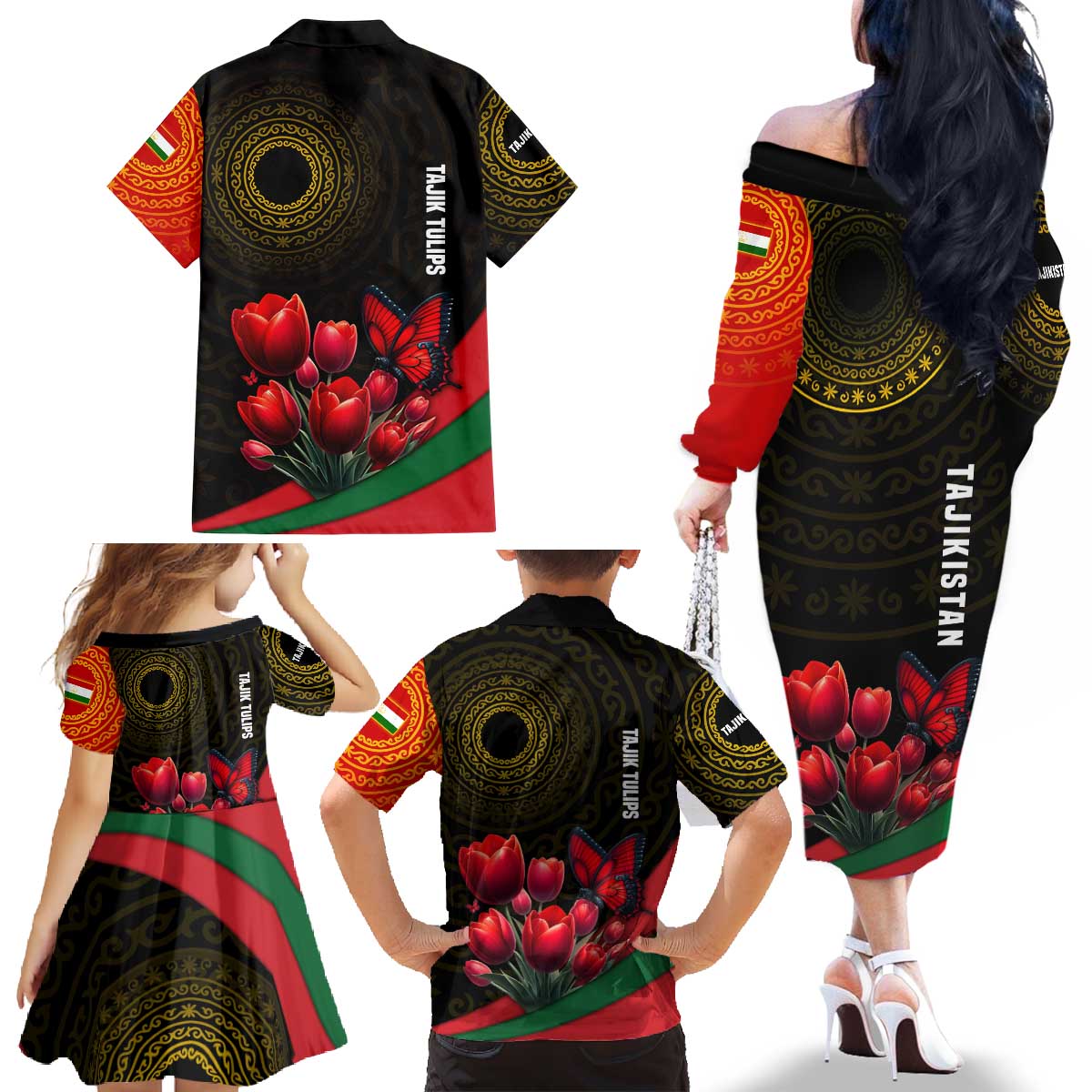 Tajikistan Family Matching Off The Shoulder Long Sleeve Dress and Hawaiian Shirt Tulip with Red Floral Butterfly with Black Gold Folk Pattern