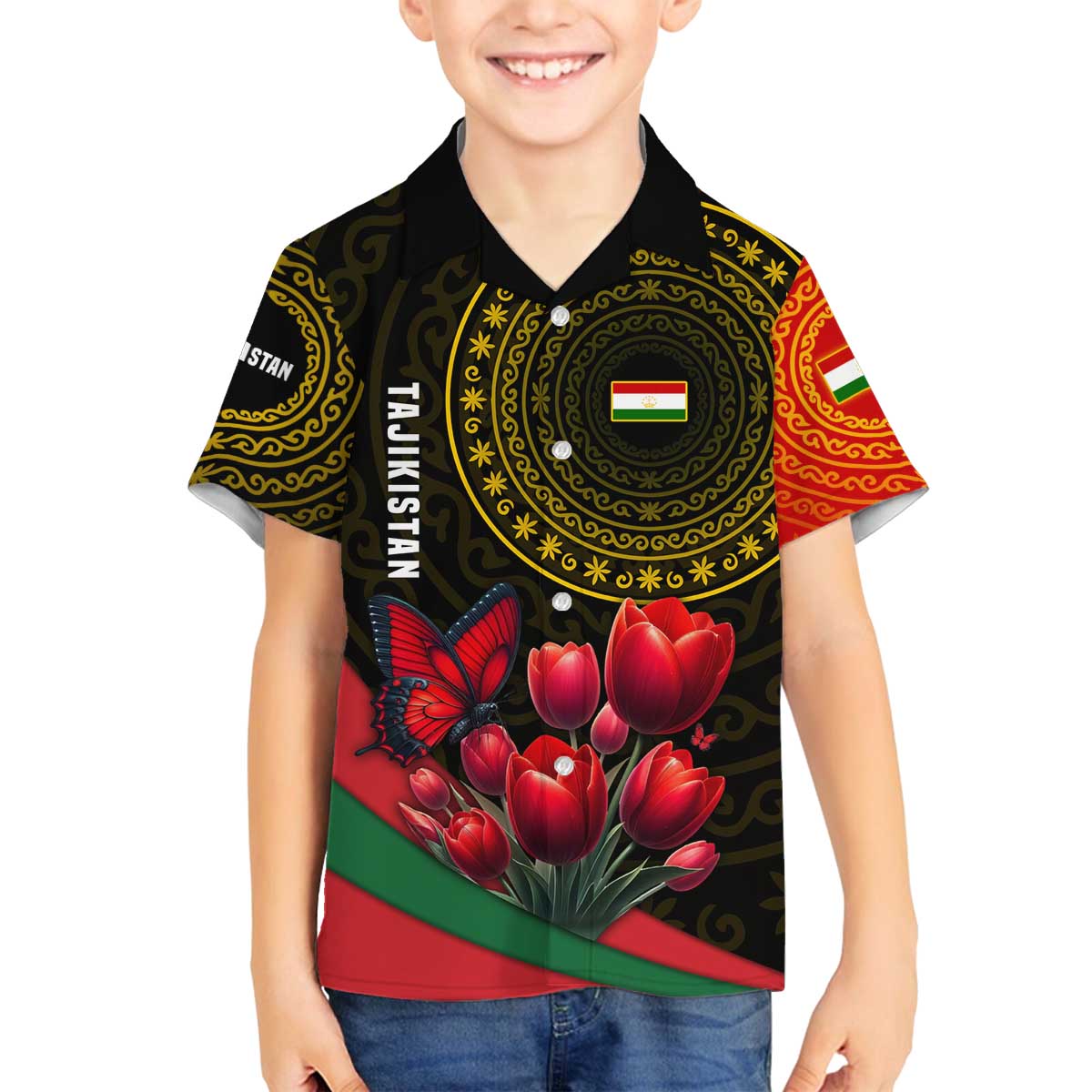 Tajikistan Family Matching Off The Shoulder Long Sleeve Dress and Hawaiian Shirt Tulip with Red Floral Butterfly with Black Gold Folk Pattern