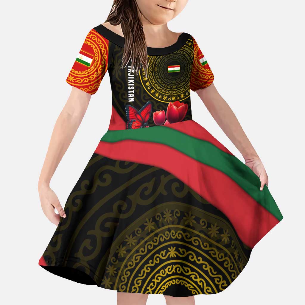 Tajikistan Family Matching Off Shoulder Maxi Dress and Hawaiian Shirt Tulip with Red Floral Butterfly with Black Gold Folk Pattern