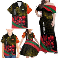 Tajikistan Family Matching Off Shoulder Maxi Dress and Hawaiian Shirt Tulip with Red Floral Butterfly with Black Gold Folk Pattern