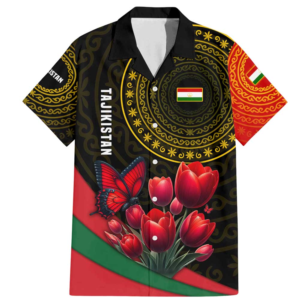Tajikistan Family Matching Off Shoulder Maxi Dress and Hawaiian Shirt Tulip with Red Floral Butterfly with Black Gold Folk Pattern