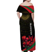 Tajikistan Family Matching Off Shoulder Maxi Dress and Hawaiian Shirt Tulip with Red Floral Butterfly with Black Gold Folk Pattern