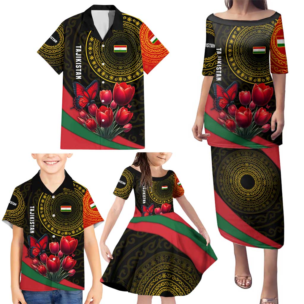 Tajikistan Family Matching Puletasi and Hawaiian Shirt Tulip with Red Floral Butterfly with Black Gold Folk Pattern