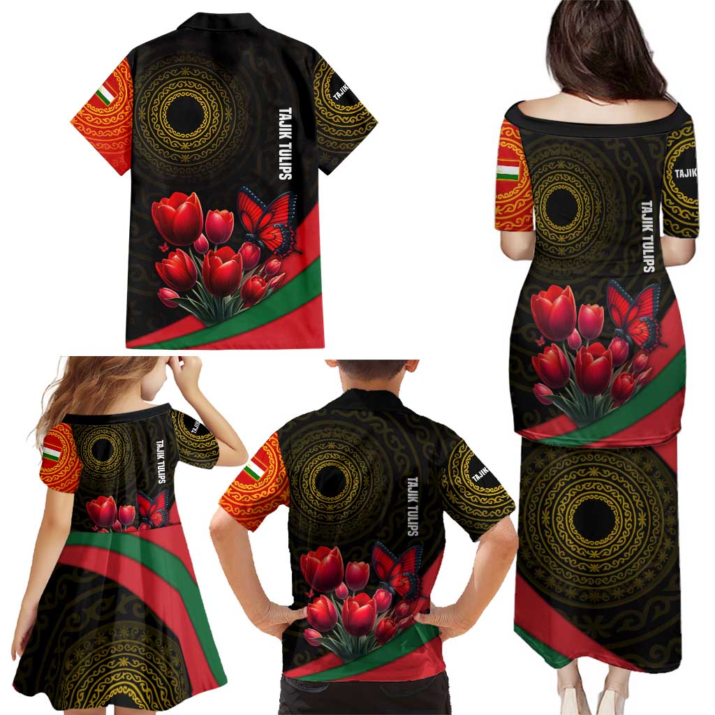 Tajikistan Family Matching Puletasi and Hawaiian Shirt Tulip with Red Floral Butterfly with Black Gold Folk Pattern