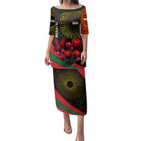 Tajikistan Family Matching Puletasi and Hawaiian Shirt Tulip with Red Floral Butterfly with Black Gold Folk Pattern