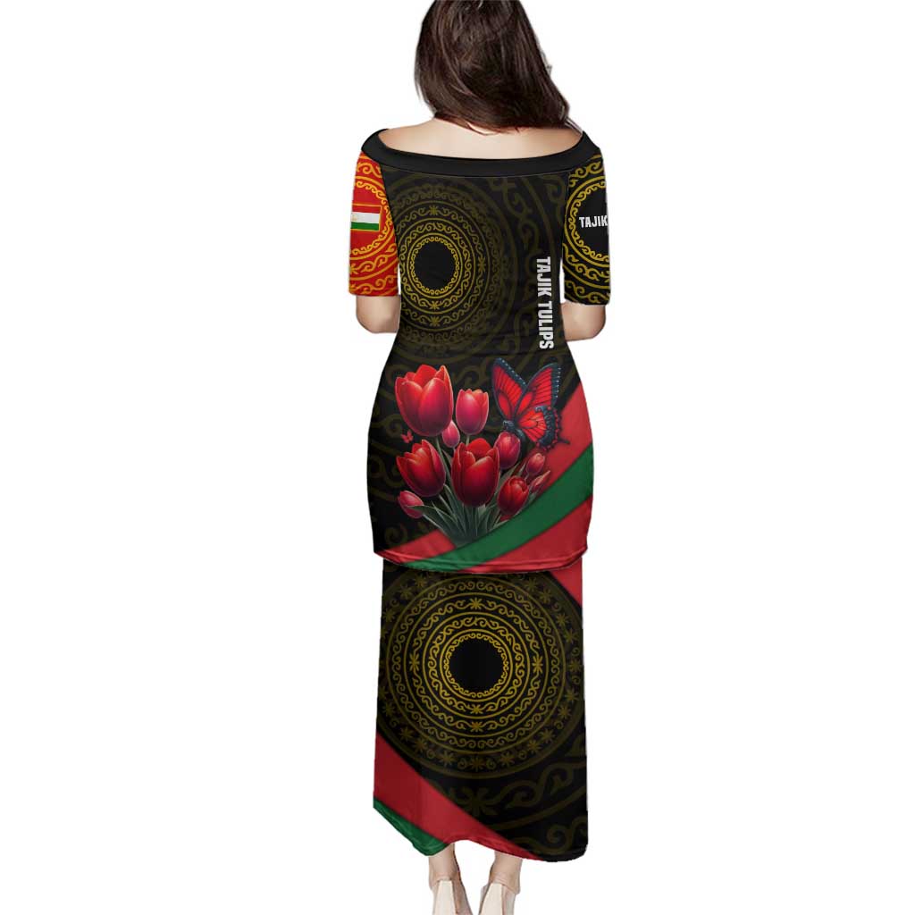 Tajikistan Family Matching Puletasi and Hawaiian Shirt Tulip with Red Floral Butterfly with Black Gold Folk Pattern