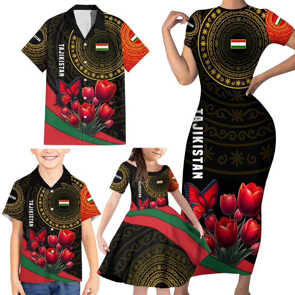 Tajikistan Family Matching Short Sleeve Bodycon Dress and Hawaiian Shirt Tulip with Red Floral Butterfly with Black Gold Folk Pattern